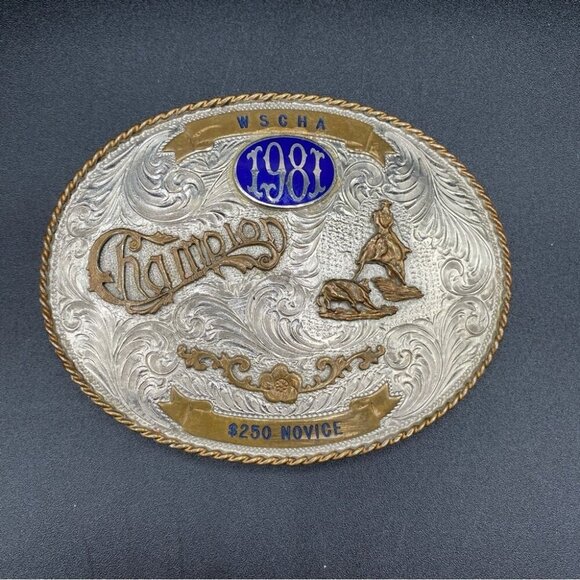 Vintage Large Silver Belt Buckle Authentic 1981 Champion Calf Roping WSCHA 🇺🇸 - Picture 2 of 15